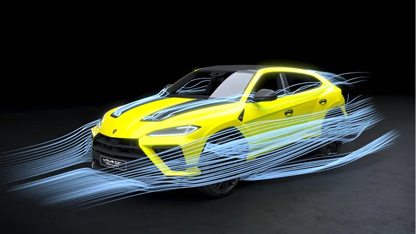 Yellow Lamborghini Urus with white airflow lines tracing over its body