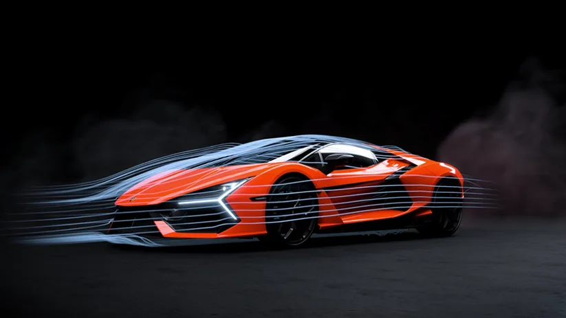 Orange Lamborghini Revuelto with airflow lines streaming over its bodywork