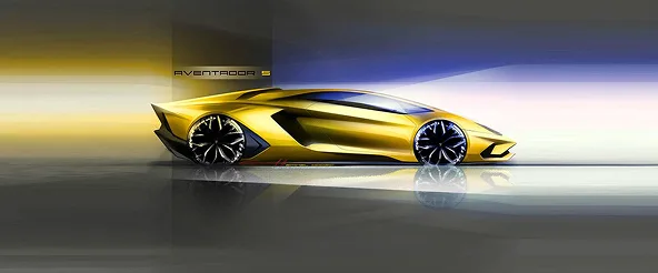 Yellow Lamborghini Aventador in profile against a graduated studio backdrop