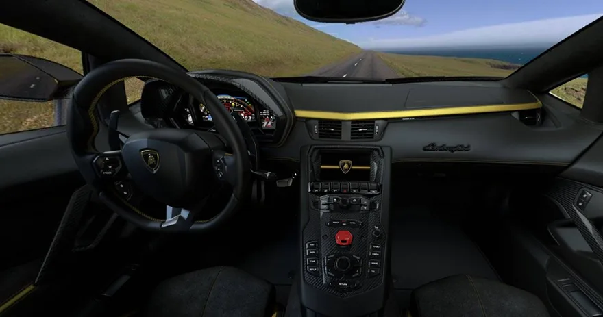 Driver's view of a Lamborghini Aventador cockpit with its digital instrument cluster