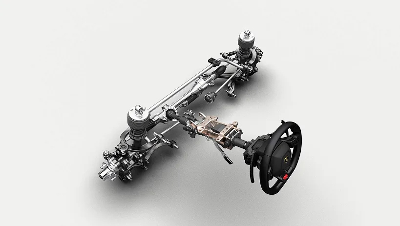 Lamborghini steering rack and front suspension assembly on a studio background