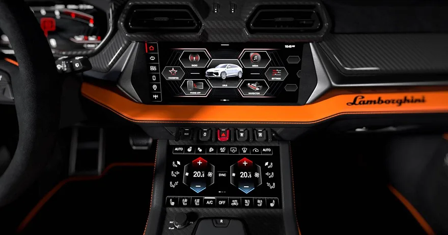 Lamborghini Urus centre console with its dual touchscreens and orange trim