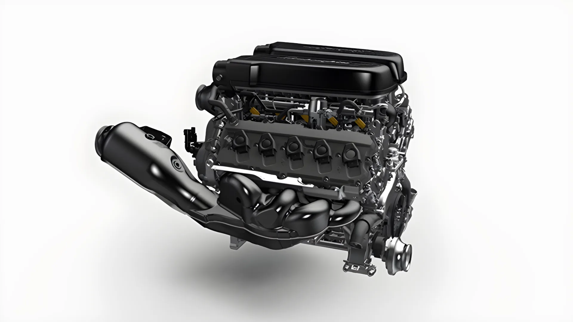 Lamborghini V10 engine with its exhaust system on a plain studio background