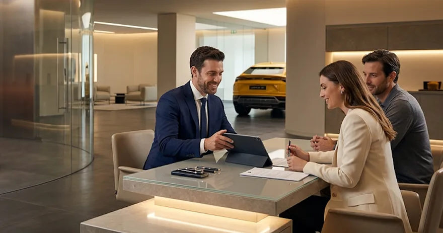 A salesperson going through paperwork with a couple at a table beside an orange Lamborghini Huracan