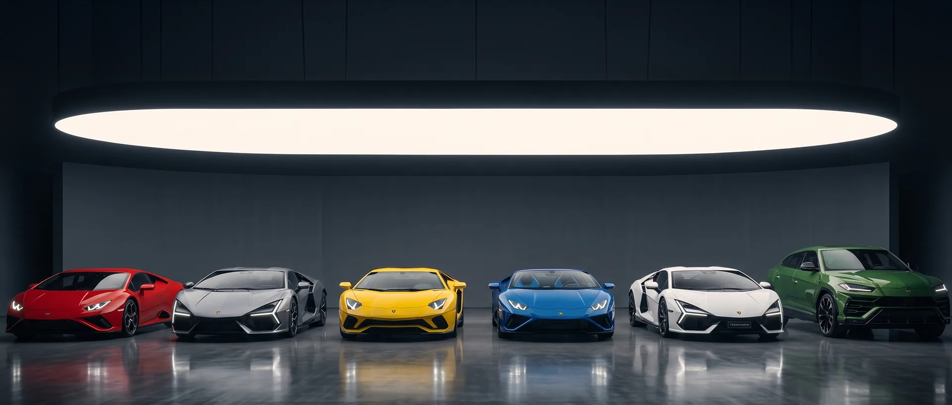 Six Lamborghinis in red, silver, yellow, blue, white and green lined up beneath a showroom light