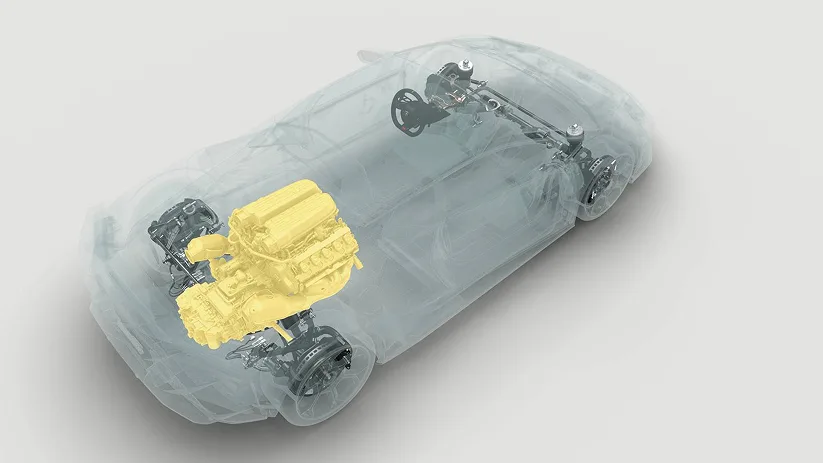 Ghosted view of a Huracan body shell with the drivetrain highlighted in yellow