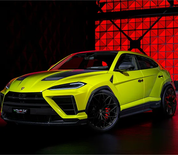 Lime green Lamborghini Urus Performante against a red-lit industrial backdrop