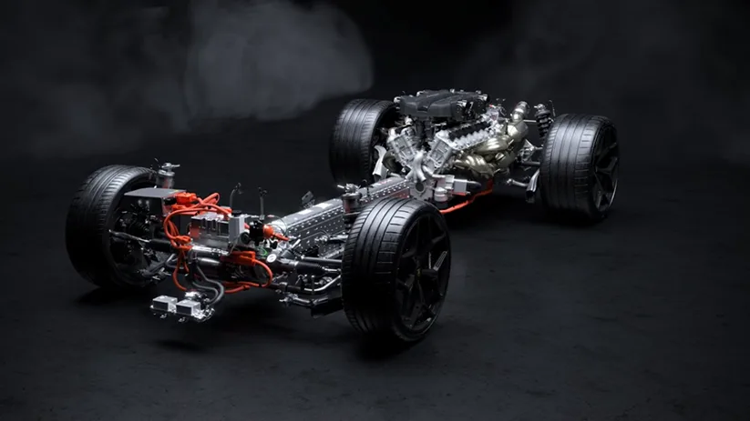 Lamborghini Revuelto rolling chassis with its hybrid powertrain exposed