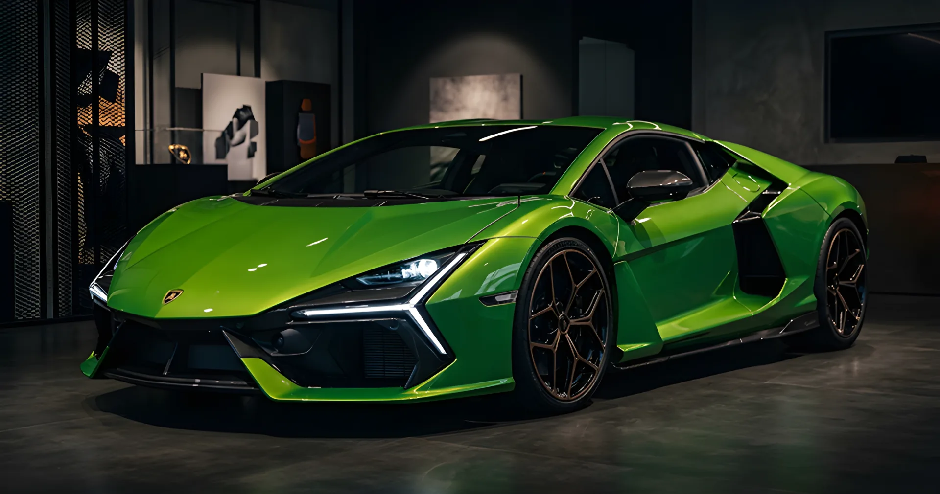 Green Lamborghini Revuelto lit from above inside a dark One Legacy Motors showroom