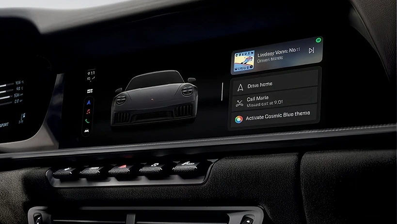 Porsche digital display showing customisable widgets for media, navigation shortcuts and vehicle themes