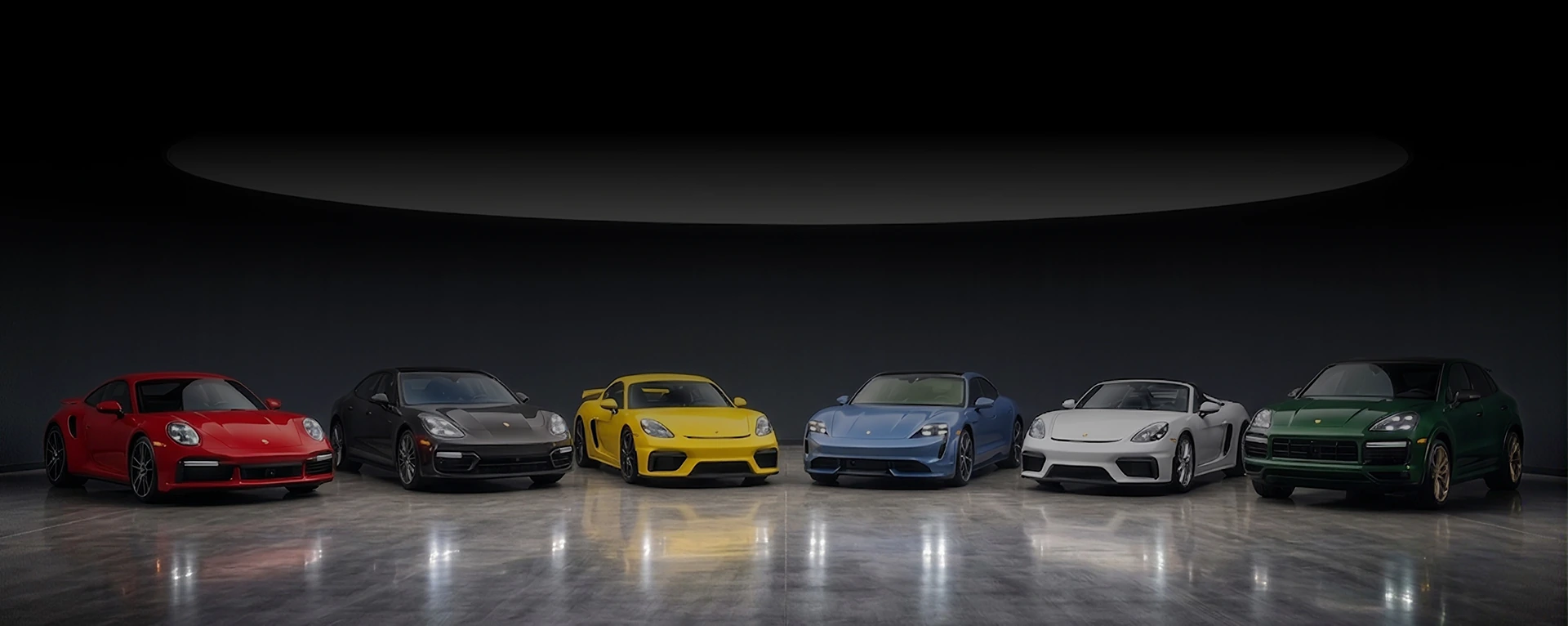 A red 911, a dark Panamera, a yellow 718 Cayman GT4, a blue Taycan, a white 718 Spyder and a green Cayenne lined up in a dark studio