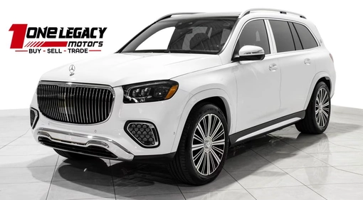 White 2026 Mercedes-Maybach GLS 600 photographed on the One Legacy Motors showroom floor