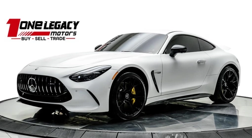 White 2021 Mercedes-AMG GT 63 with yellow brake calipers on the One Legacy Motors turntable