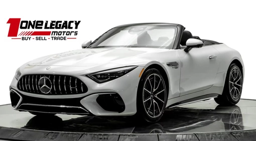 White 2023 Mercedes-AMG SL 55 roadster with the roof down, on the One Legacy Motors turntable